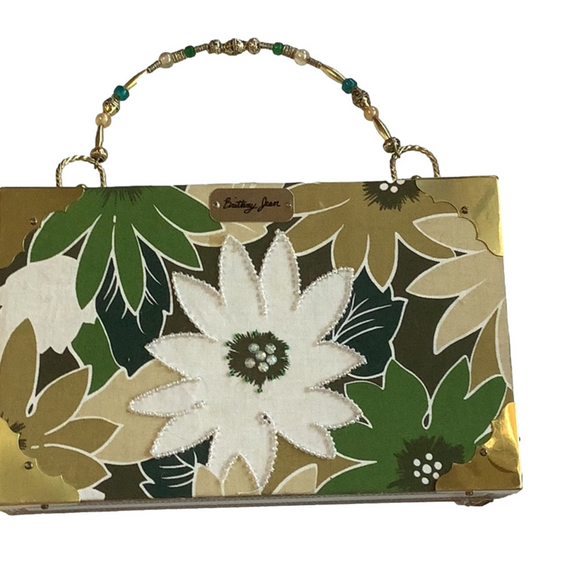 BRITTANY JEAN Y2K Handmade Upcycled Green Gold Floral Cigar Box Purse Retro - Picture 14 of 16